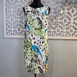 AGB Dress Womens 12 Abstract Floral Sheath Sleeveless White Blue Green Career
